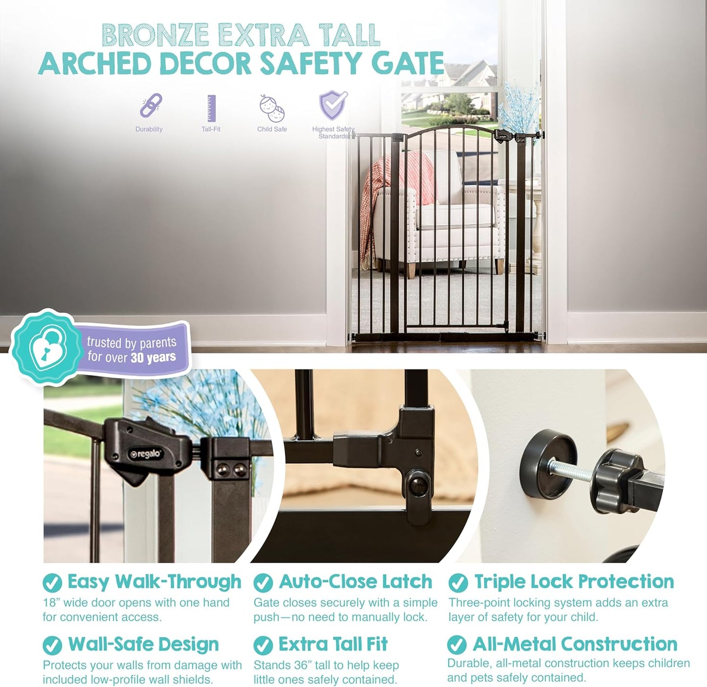 Regalo Safety 30.5-58" Extra Wide Arch Baby Gate with Door, Pressure Mount Walk Through Gate for Doorways & Bottom of Stairs, Babies, Toddlers & Pets, Tested & Safe, American Designed, American Owned