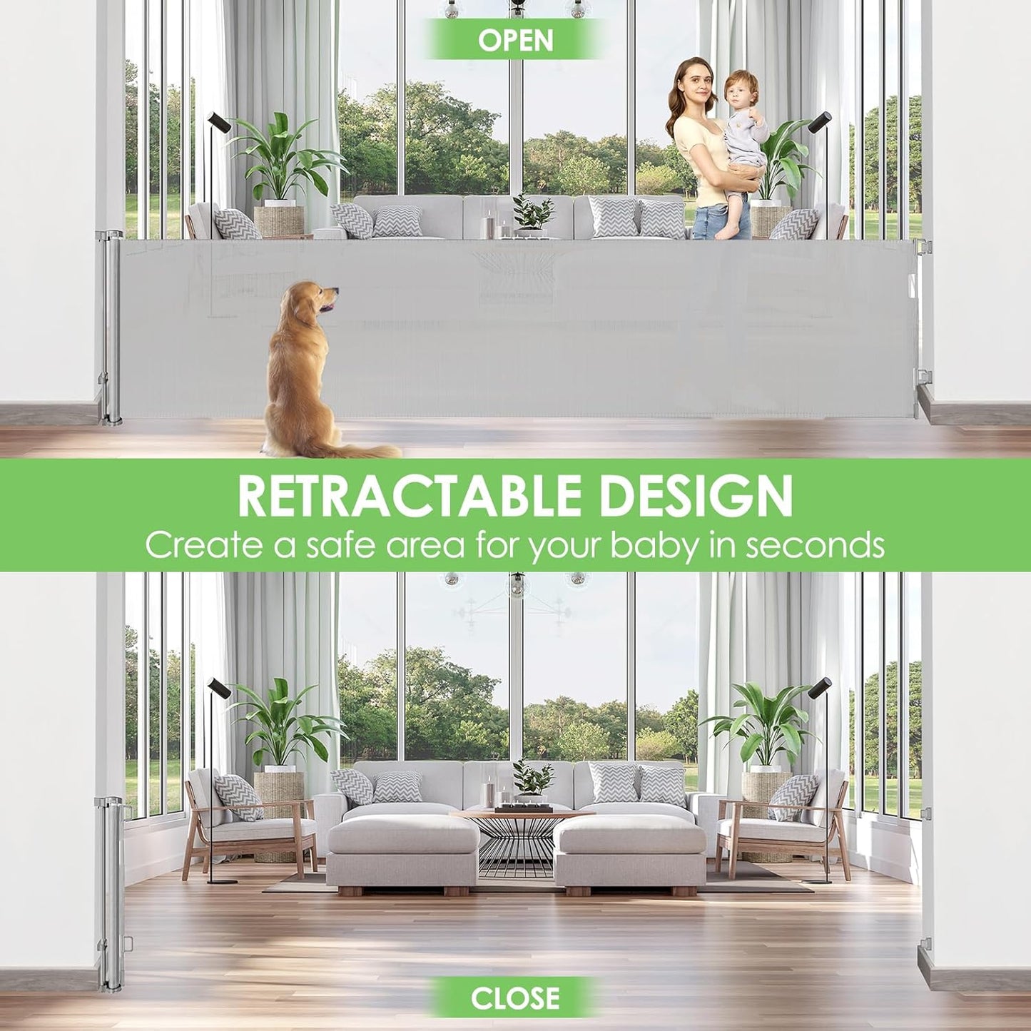 150 Inch Extra Wide Retractable Baby Gates for Large Openings Long Dog Gates for Doorways Large Pet Gate for The House Extra Wide Indoor Outdoor Pet Gates for Dogs, Light Gray