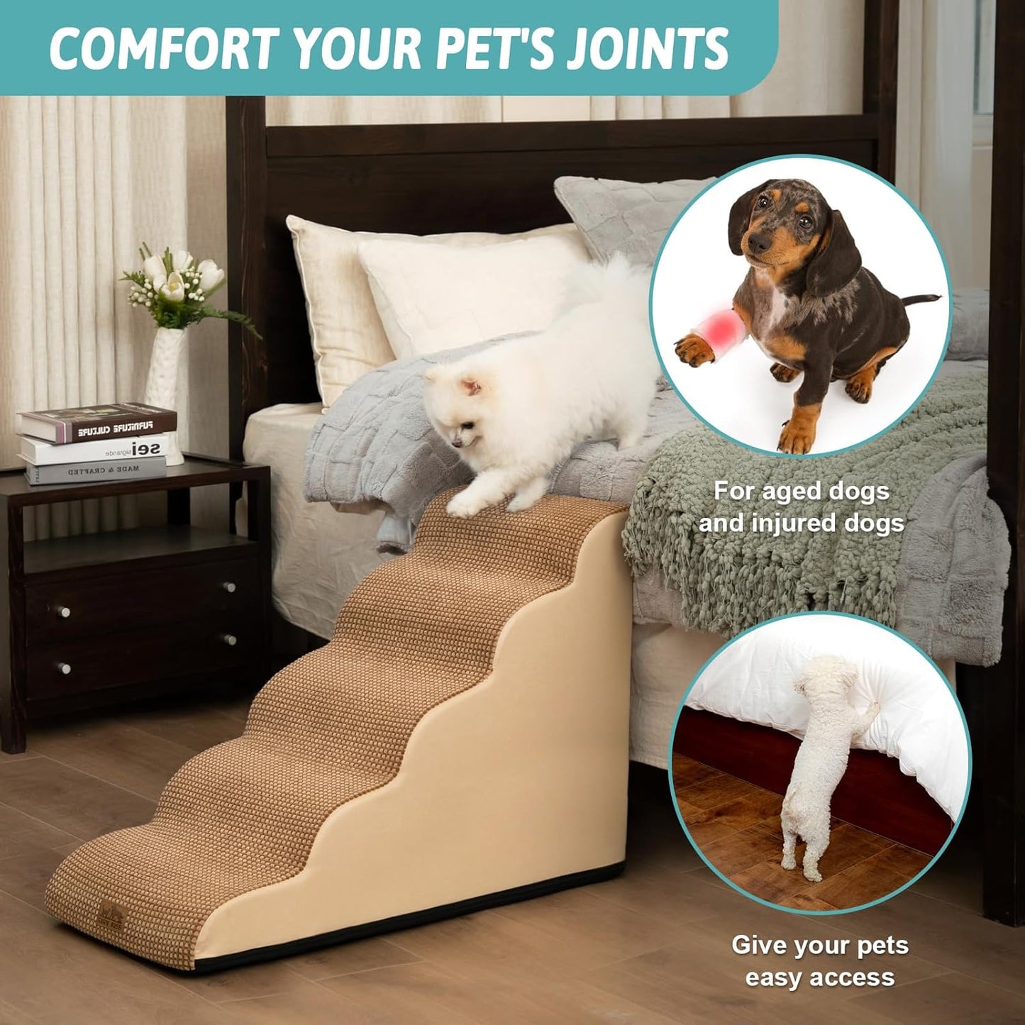 COZY KISS Dog Stairs for Small Dogs 15.7" H, Curved Dog Step for Puppy, Older Cat, Medium Pet Ramp for Sofa, Couch or Chair, Ladder with High Density Foam, 3 Step, 15.7x22.4x15.7 inch, Beige