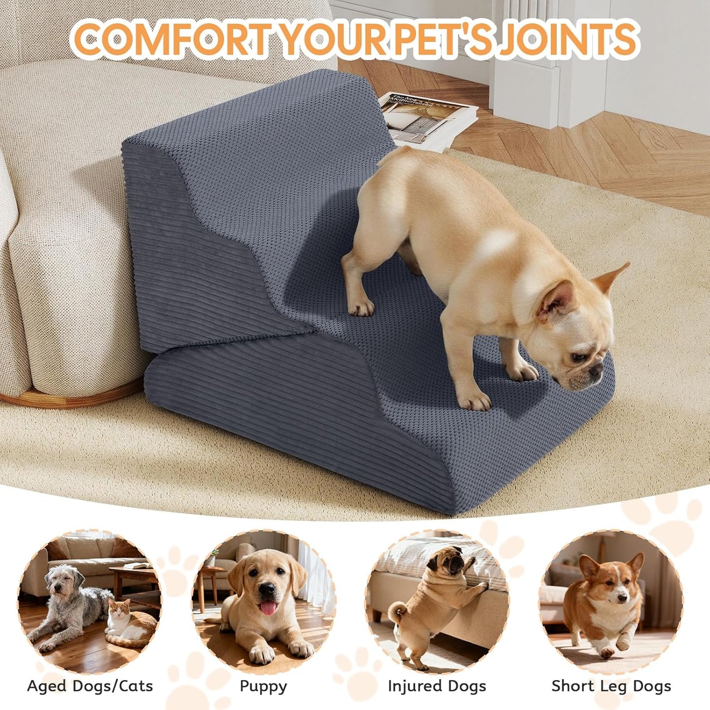 Dog Ramp for Bed, 23" H Dog Stairs for High Bed, 2 in 1 Pet Steps for Small Dogs, 5-Step Foldable Transformable Large Cats Ramp to Get on Couch, Non-Slip Balanced, Grey