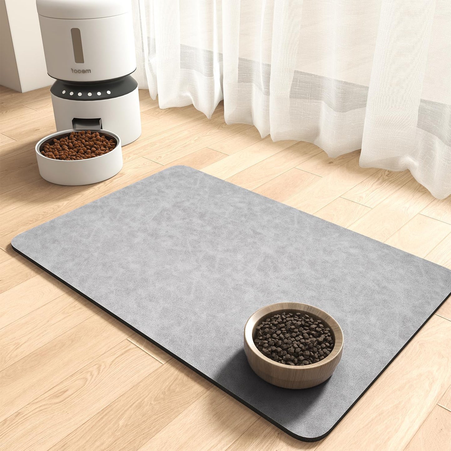 MontVoo Dog Food Mat-Pet Feeding Mat for Food and Water-No Stains Quick Dry Dispenser Cat Bowl Mat for Messy Drinkers(12"x19" Dark Grey)