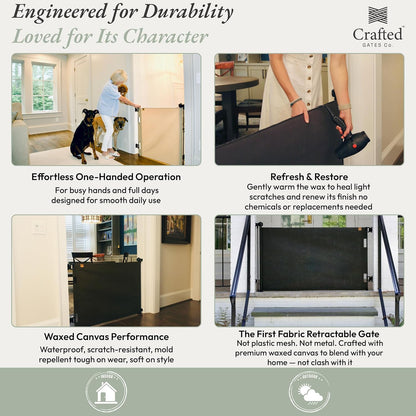 Crafted Gates Oil Waxed Canvas Fabric Retractable Dog Gate Indoor & Outdoor 27.6"–55" Wide x 33" Tall – Premium Designer-Grade Stair Gate for Dogs, Water Resistant, Scratch-Proof – Black