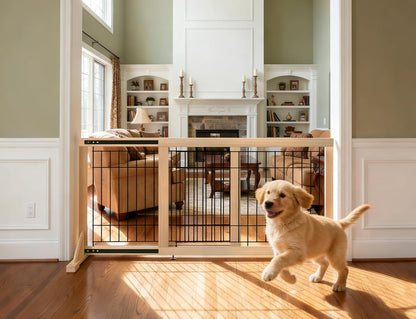 Extra Wide Freestanding Dog Gate, Adjustable Width 31.5"–61", 19.7" Tall Indoor Pet Gate for Kitchen, Living Room & Stairs, Wooden Metal Frame No-Drill Pet Barrier