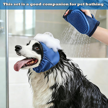 2 Pcs Pet Ear Muffs and Grooming Gloves, Swimming Waterproof Dog Ears Caps, Wearable Glove Design Shampoo Scrubber for Cat, Dehairing Brush for Most Cats, Dogs (M)