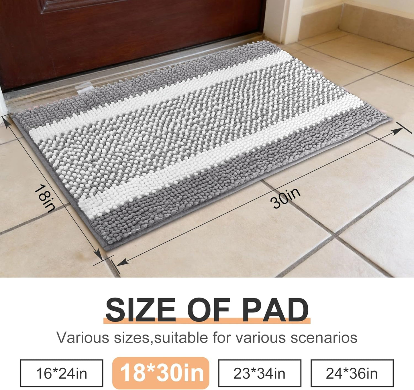 pobopobo Dog Door Mat for Muddy Paws - Absorbent & Washable Chenille Rug, Non-Slip Dirt Trapper for Indoor Outdoor Entryway, Quick Dry Pet Mat for Muddy Dogs (Striped Gray-Blue&White, 24" x 16")