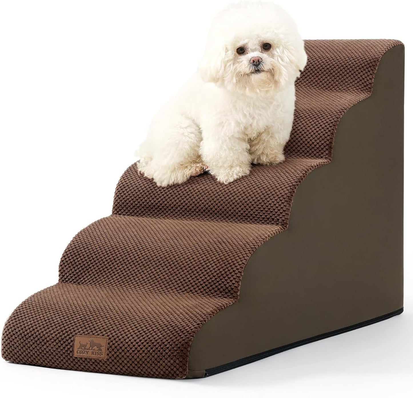 COZY KISS Dog Stairs for Small Dogs 15.7" H, Curved Dog Step for Puppy, Older Cat, Medium Pet Ramp for Sofa, Couch or Chair, Ladder with High Density Foam, 3 Step, 15.7x22.4x15.7 inch, Beige