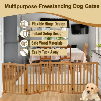 Wooden Foldable Dog Gate Freestanding 4 Panels Puppy Safety Fence 80.9" W x 23.6" H Indoor Pet Barrier for Stairs Hallways Doorways Brown