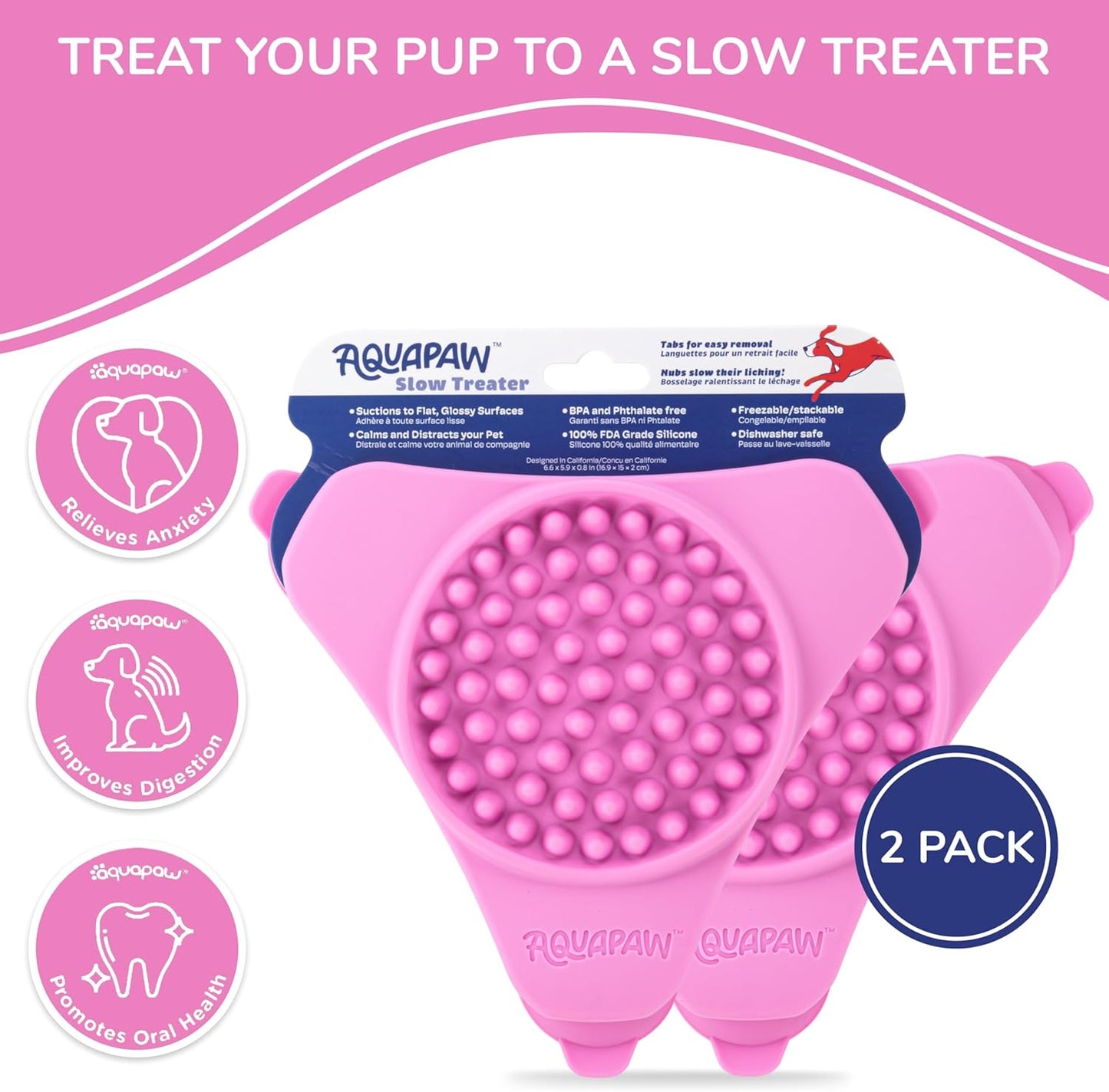 Aquapaw Lick Mat for Dogs 2-Pack, Suction Cup Dog Slow Feeder Pad & Licking Mat for Peanut Butter Treats – Calming Dog Bathing Aid, Stress Relief & Mental Stimulation for All Breeds - Pink