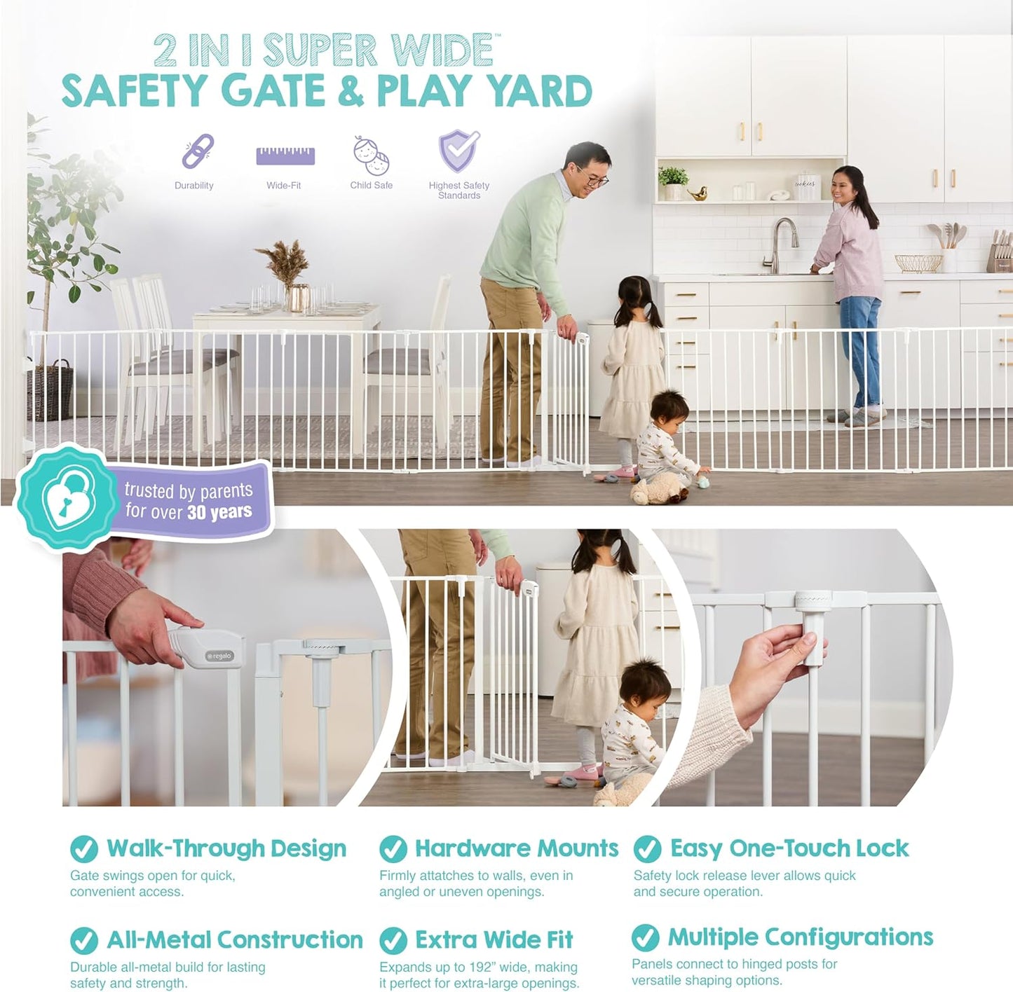 Regalo Safety 28"-76” Super Wide Configurable Baby Gate for Doorways & Open Spaces, 3-Panel Wall Mounted Safety Gate with Door for Babies, Toddlers & Pets, Includes Wall Mount Hardware