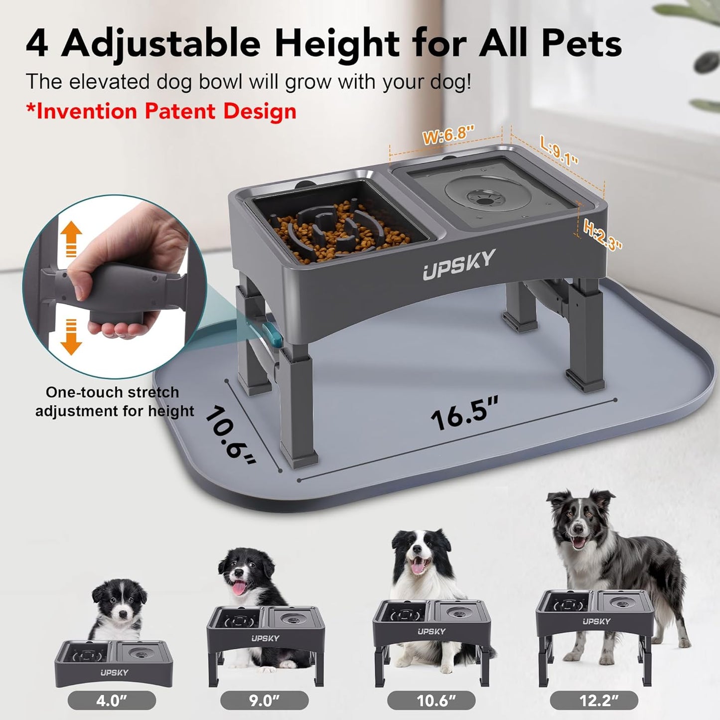 UPSKY 2-in-1 Elevated Dog Bowls Slow Feeder, 4 Height Adjustable Raised Bowl Stand, No Spill Dog Water Bowls, Anti-Slip Food and Water Bowls for Small Medium Dogs(Not Include Stainless Steel Bowl)