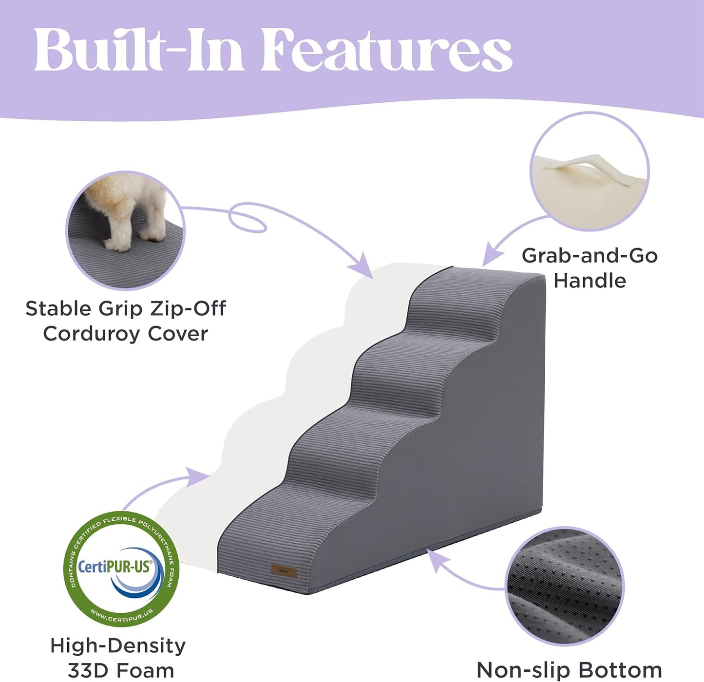 LE SURE Dog Stairs for Small Dogs Pet Steps Ramp for High Bed and Couch with CertiPUR-US Certified Foam with Non-Slip Bottom, Beige, 4 Steps
