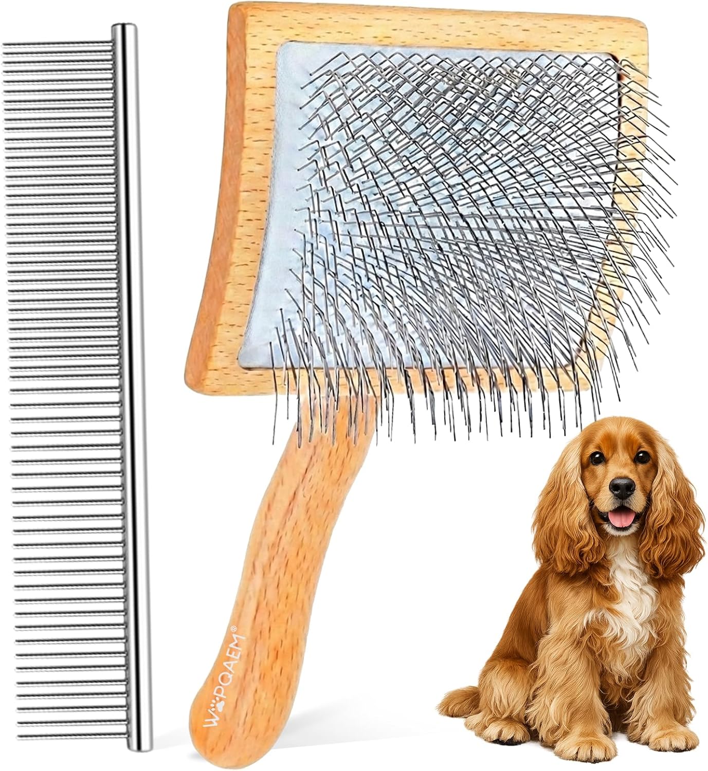 Slicker Brush for Doodles and Poodles - 2-Piece Solid Wood Dog Grooming Set with Extra Long Pin Dematting Tool and Metal Comb for Curly, Matted & Thick Hair, Purple