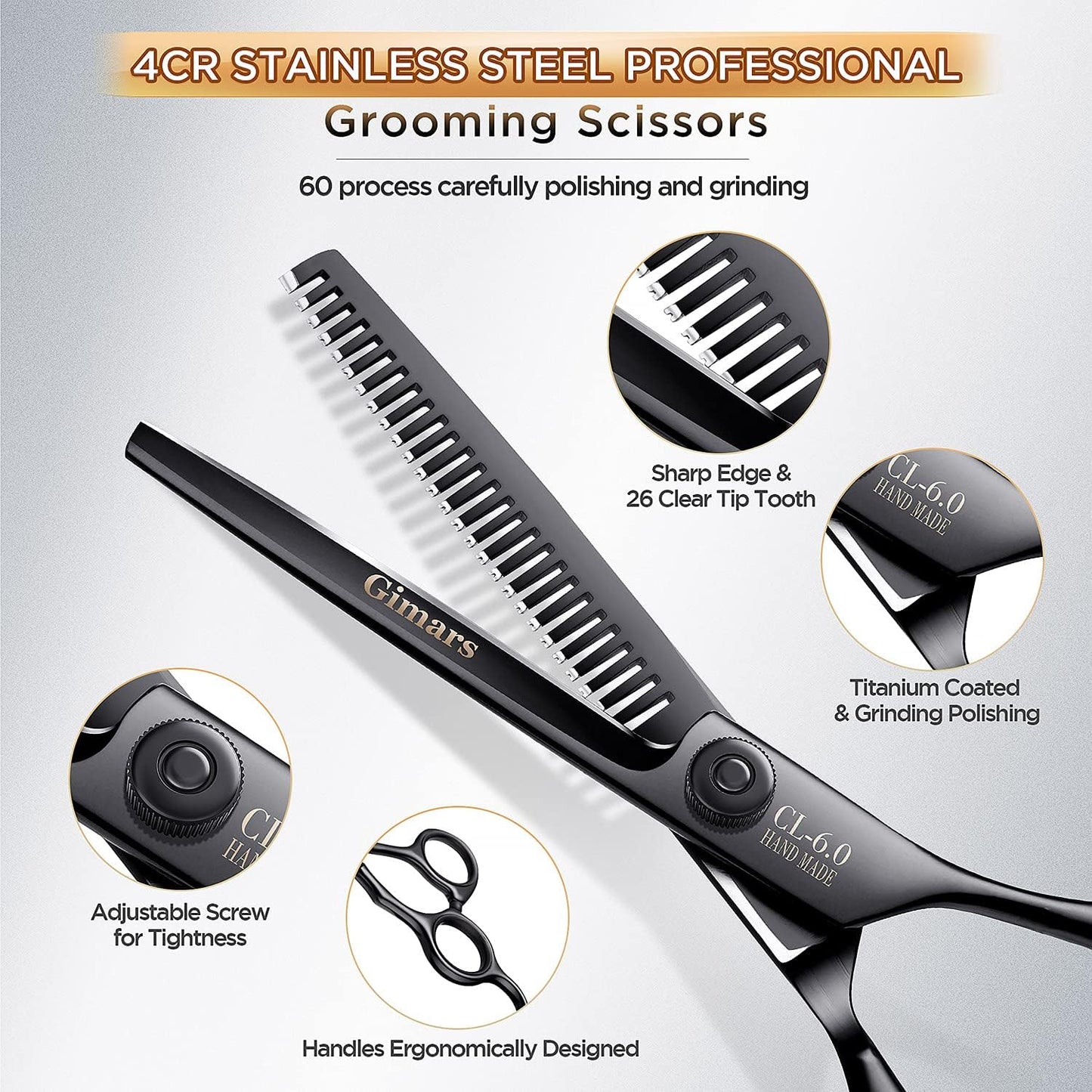 Gimars Titanium Coated Professional 6 in 1 4CR Stainless Steel Dog Grooming Scissors with Safety Round Tip, Heavy Duty Pet Grooming Scissor for Dogs, Cats and Other Animals
