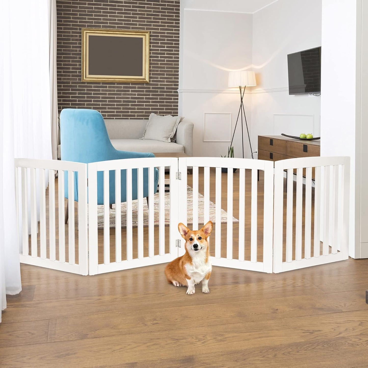 ZENY Freestanding Pet Gate for Dogs - 4 Panels Indoor Foldable Dog Fence for Stairs, Hallways, or Doorways - 82x24-Inch Freestanding Dog Gates, Brown