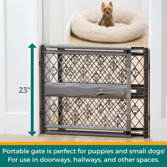 MYPET North States Paws Portable Pet Gate: 26-40" Wide. Pressure Mount. No Tools Needed. Made in USA. Dog Gate 23" Tall, Expandable, Durable Dog Gates for Doorways, Light Gray