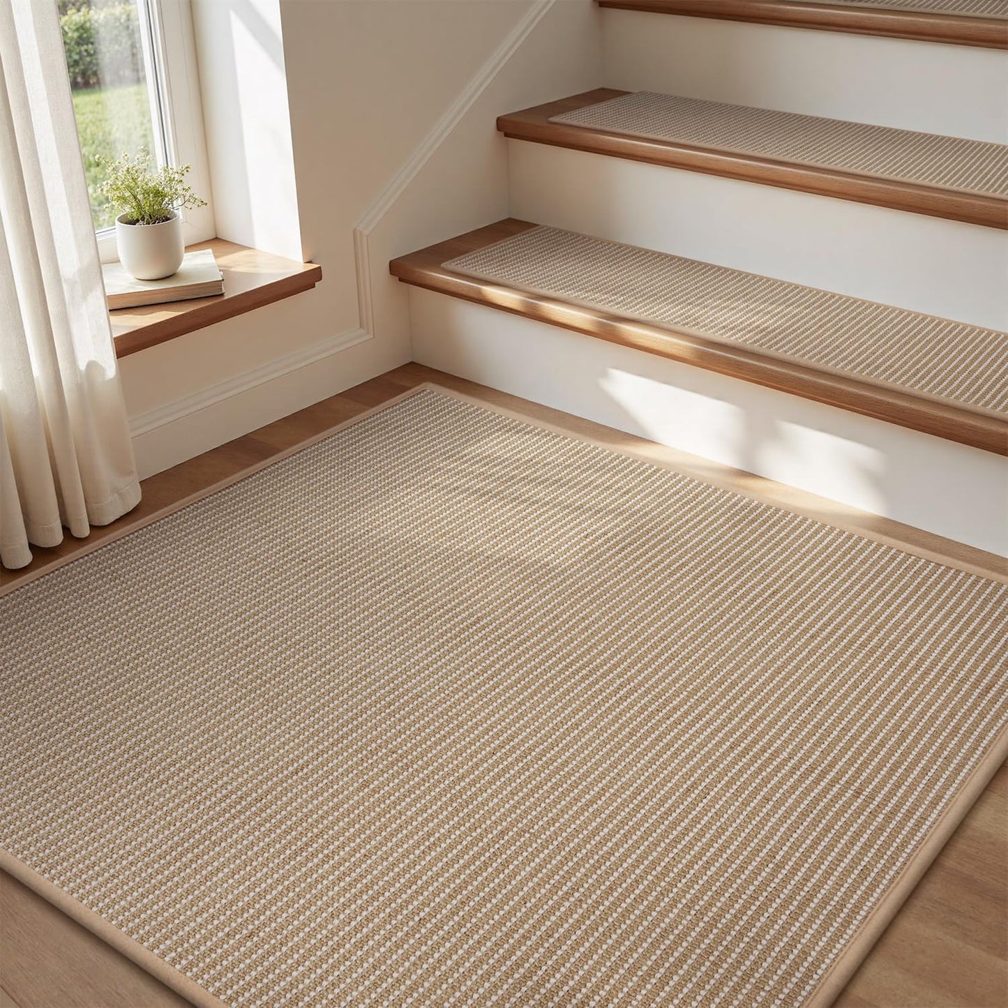 15PC Jute Stair Treads for Wooden Steps-Non Slip Peel and Stick Stair Treads Indoor, Adhesive Staircase Step Treads Residue Free, Cat-Friendly & Scratch-Resistant Durable Stair Runner Rug,8"x30" Beige