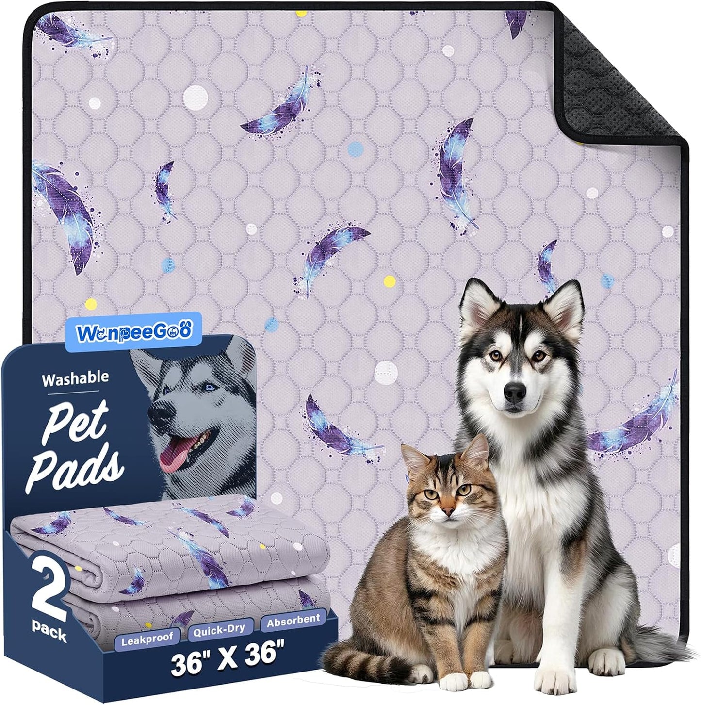 WanpeeGoo Washable Pee Pads for Dogs, 2Pack Reusable Puppy Pads, Super Absorbent & Leakproof Dog Pads, Anti-Slip Dog Pee Pads for Puppy Training & Incontinence, Feather Pattern 36"x41"