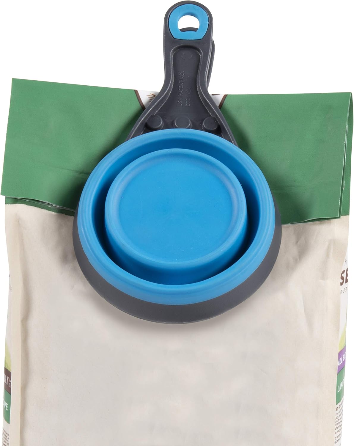 Dexas Pets Collapsible KlipScoop Collapsible Dry Dog Food Scoop and Dog Food Bag Clip, 1 Cup Capacity, Pro Blue