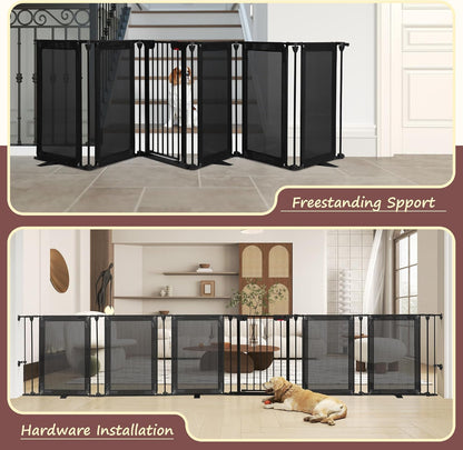 Freestanding Dog Gate, 100" Extra Wide Pet Gate with Auto-Close Door, Foldable Grip-Resistant Dog Fence for Indoor/Outdoor, 29" Tall Pet Barrier for Stairs/Doorways/Fireplace (4 Panels, Black)