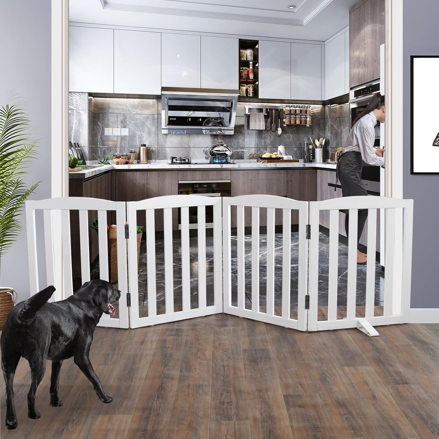 ZJSF Foldable Freestanding Indoor Dog Gate for House Wood White Long Pet Gates Dog Fence for Stairs Puppy Gates for Hallways,Pet Fence, Puppy Gate,Support Feet Included 24 "Height-3 Panels
