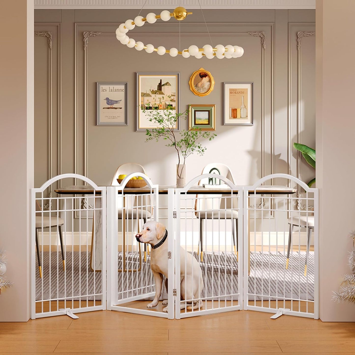 BHG Metal No-Assembly Freestanding Dog Gate with Door Walk Through, Extra Wide 144", Extra Tall 32" Pet Gate, Accordion Puppy Folding Playpen Dog Fence, with 2PCS Support (Black, 6 panesl)