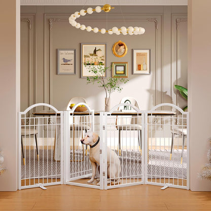 BHG Metal No-Assembly Freestanding Dog Gate with Door Walk Through, Extra Wide 144", Extra Tall 32" Pet Gate, Accordion Puppy Folding Playpen Dog Fence, with 2PCS Support (Black, 6 panesl)