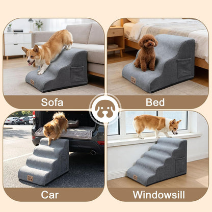 4-Step Dog Stairs for Small Dogs & Cats, 13.8" H Non-Slip Pet Steps with Side Storage Pocket, Sturdy High Density Foam Dog Ramp for Sofa, Couch & Chair, Washable Cover, Grey