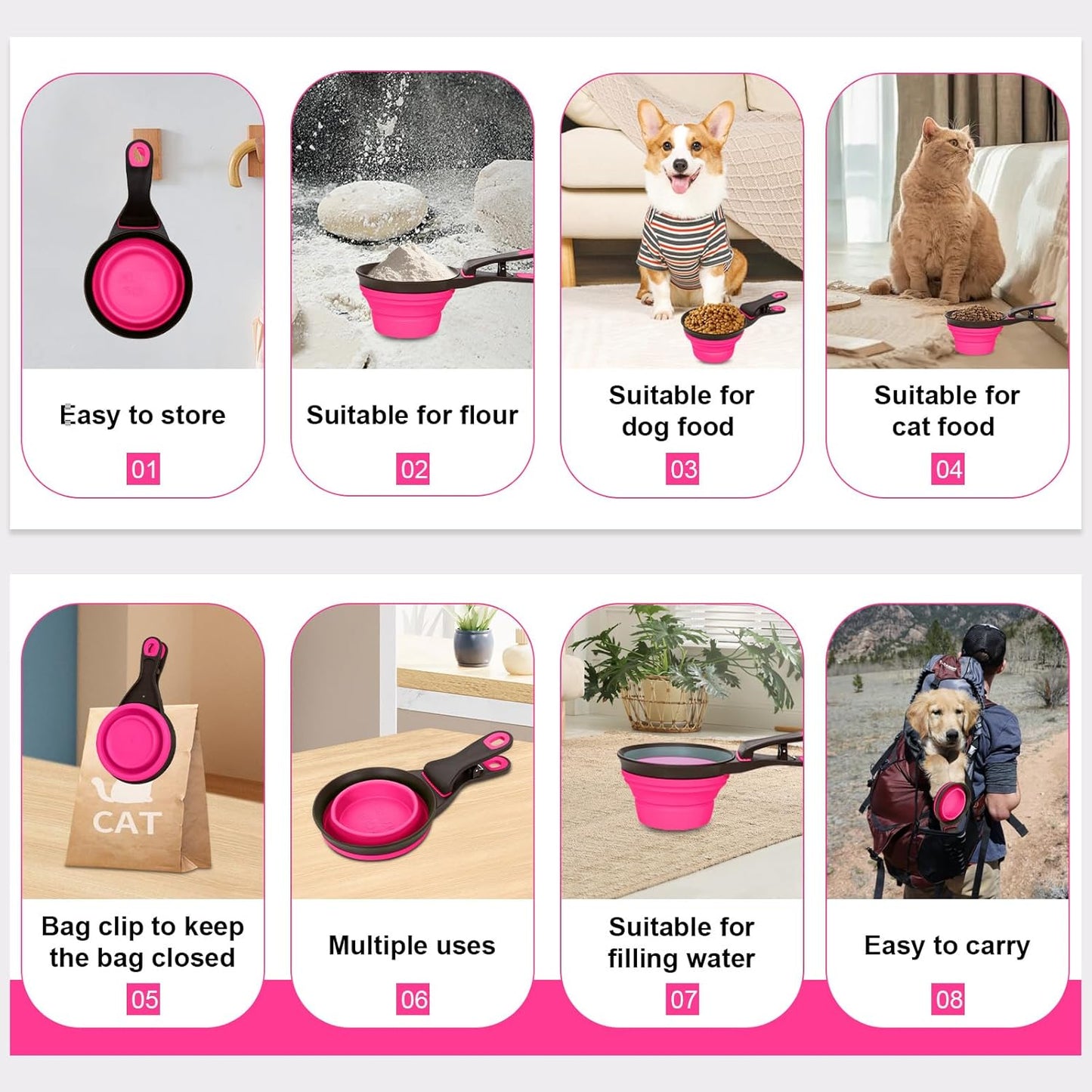 Collapsible Silicone Dog Food Scoop Foldable Pet Food Measuring Cup with Bag Clip 3 in 1 Multi-Function Silicone Dog Food Scooper (Rose Red, Medium)