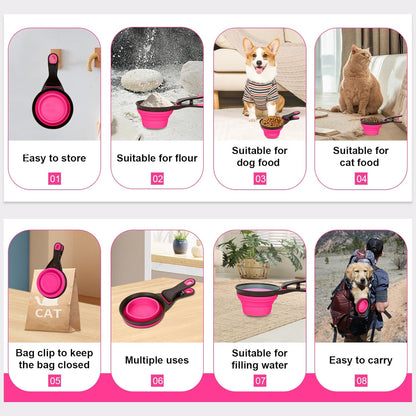 Collapsible Silicone Dog Food Scoop Foldable Pet Food Measuring Cup with Bag Clip 3 in 1 Multi-Function Silicone Dog Food Scooper (Rose Red, Medium)