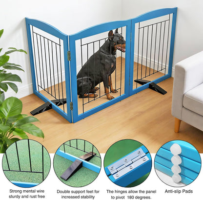 ZJSF Freestanding Dog Fence Indoor, Foldable Dog Gate for Doorways, Stairs or Hallways, Sturdy Wood Extra Wide Pet Gate with Support Feet for The House, White, 24 "Height-3 Panels