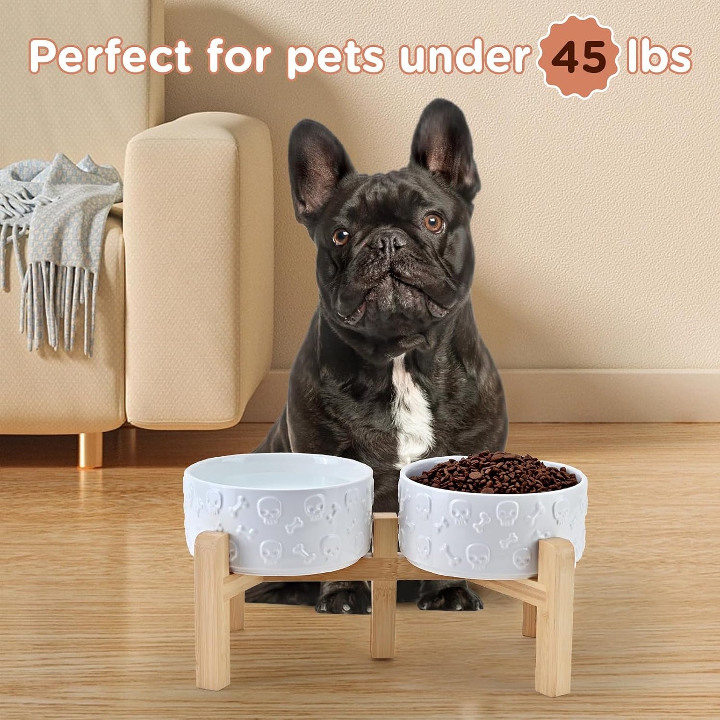 SPUNKYJUNKY Elevated Dog Bowls Ceramic, 6.1'' Dogs and Cat Food Water Bowls Raised with Non-Slip Bamboo Stand for Medium Sized Breed Microwave Dishwasher Safe - 28.7 OZ,Beige