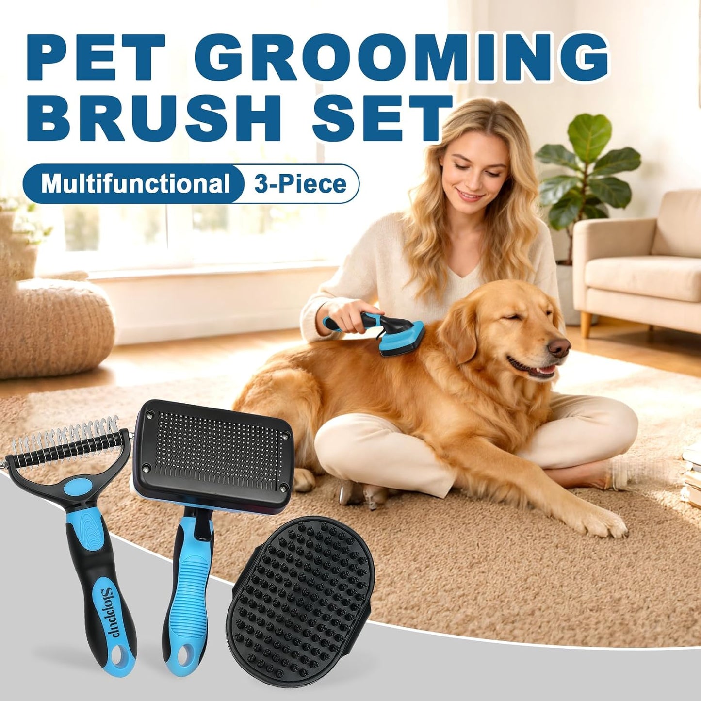 Blue Pet Grooming Kit 3Pcs Self-Cleaning Slicker Brush for Dogs&Cats Double-Sided Dematting&Deshedding Comb Dog Bath Massage Brush Professional Grooming Tools for Short&Long Hair Pets