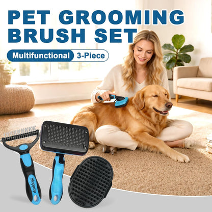 Blue Pet Grooming Kit 3Pcs Self-Cleaning Slicker Brush for Dogs&Cats Double-Sided Dematting&Deshedding Comb Dog Bath Massage Brush Professional Grooming Tools for Short&Long Hair Pets