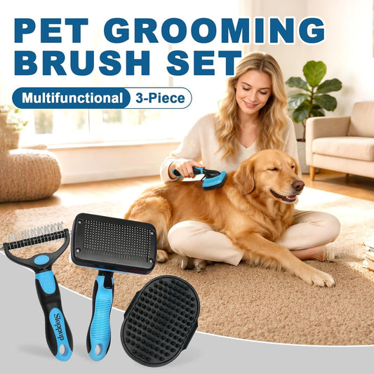 Blue Pet Grooming Kit 3Pcs Self-Cleaning Slicker Brush for Dogs&Cats Double-Sided Dematting&Deshedding Comb Dog Bath Massage Brush Professional Grooming Tools for Short&Long Hair Pets