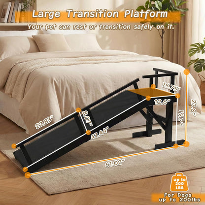 61" Dog Ramp for Bed with Rest Platform & Glow Strips, 20° Gentle Slope, EVA Non-Slip Surface, Removable Safety Rails, Birchwood Solid Wood, for Small, Large & Senior Dogs, Joint Protection, Black
