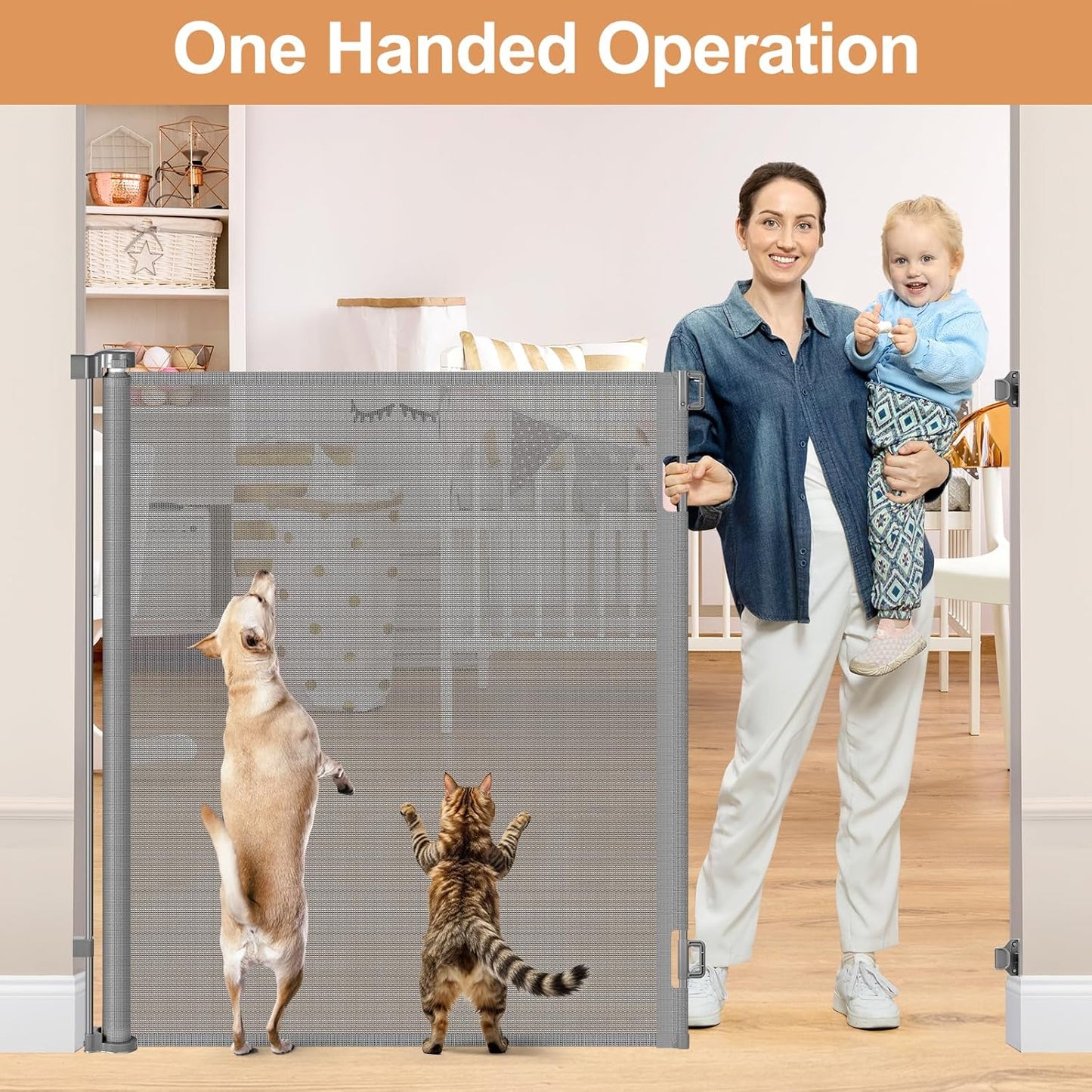 48" Extra Tall Retractable Dog Gate Indoor Prevent Your Baby/Dog/Cat from Jumping Over 55" Wide Extra Tall Retractable Baby Gate for Doorway Mesh Gates for Kids or Pets Puppy Gates for the House, Gray