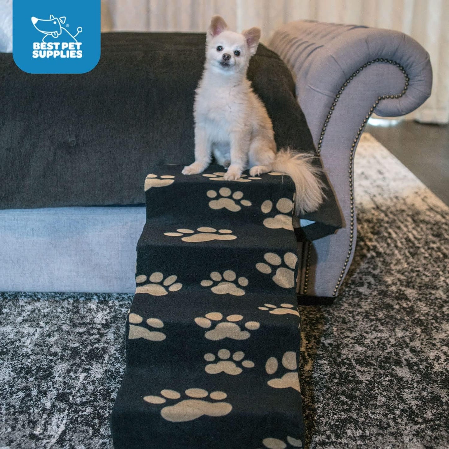 Best Pet Supplies Dog Stairs & Steps - Foam Steps for Small Dogs & Cats, Non-Slip Indoor Balanced Pet Step Support, Dog Ramp, No Assembly, Ash Gray Linen, 2-Step (12-inch Height)