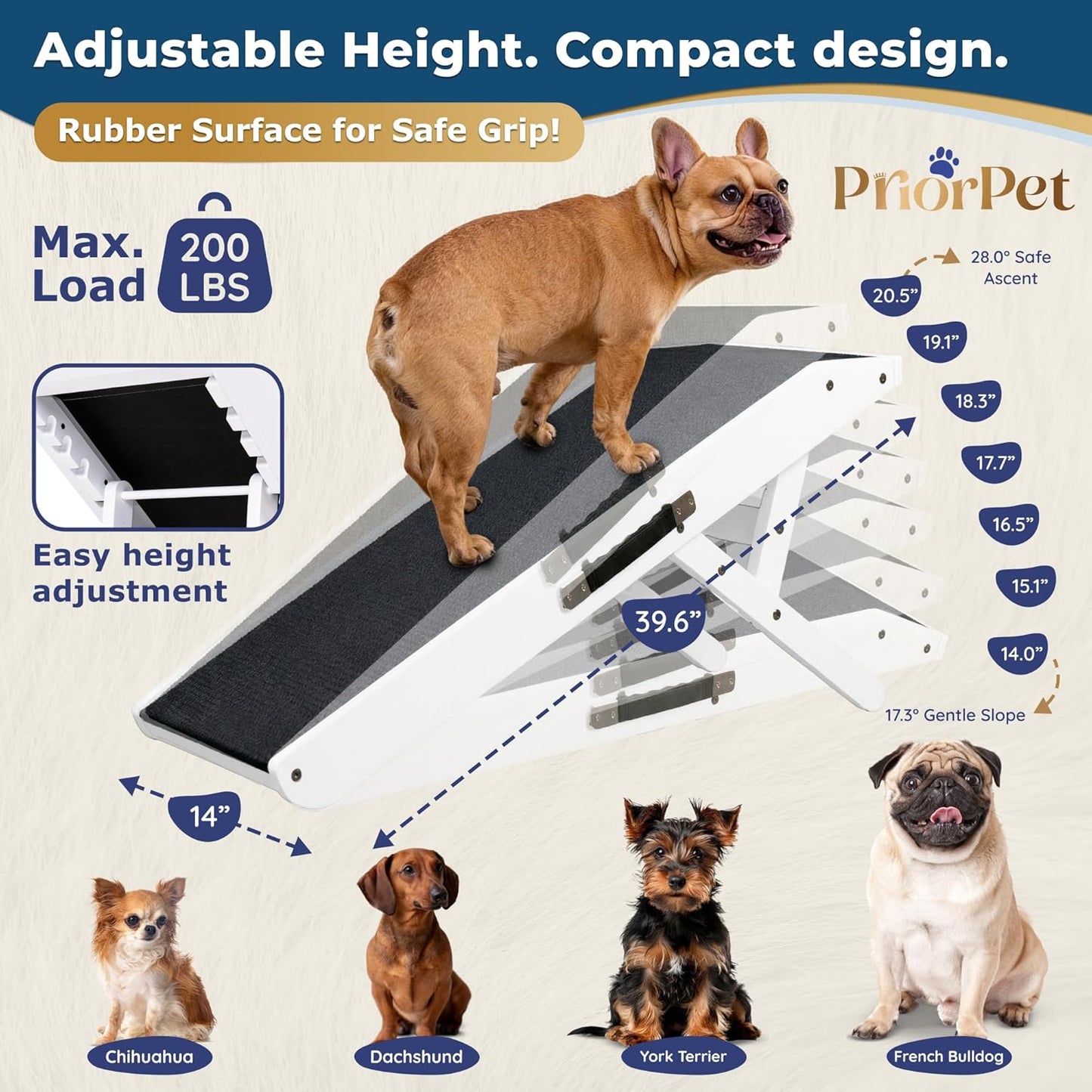 Dog Ramp for Couch – Non-Slip, Sturdy Build Foldable Wooden Dog Ramp – Supports up to 200 lbs – 7 Adjustable Heights (14"–20.5") – Enhanced Stability – Birchwood Pet Ramp for Small Dogs – Gray