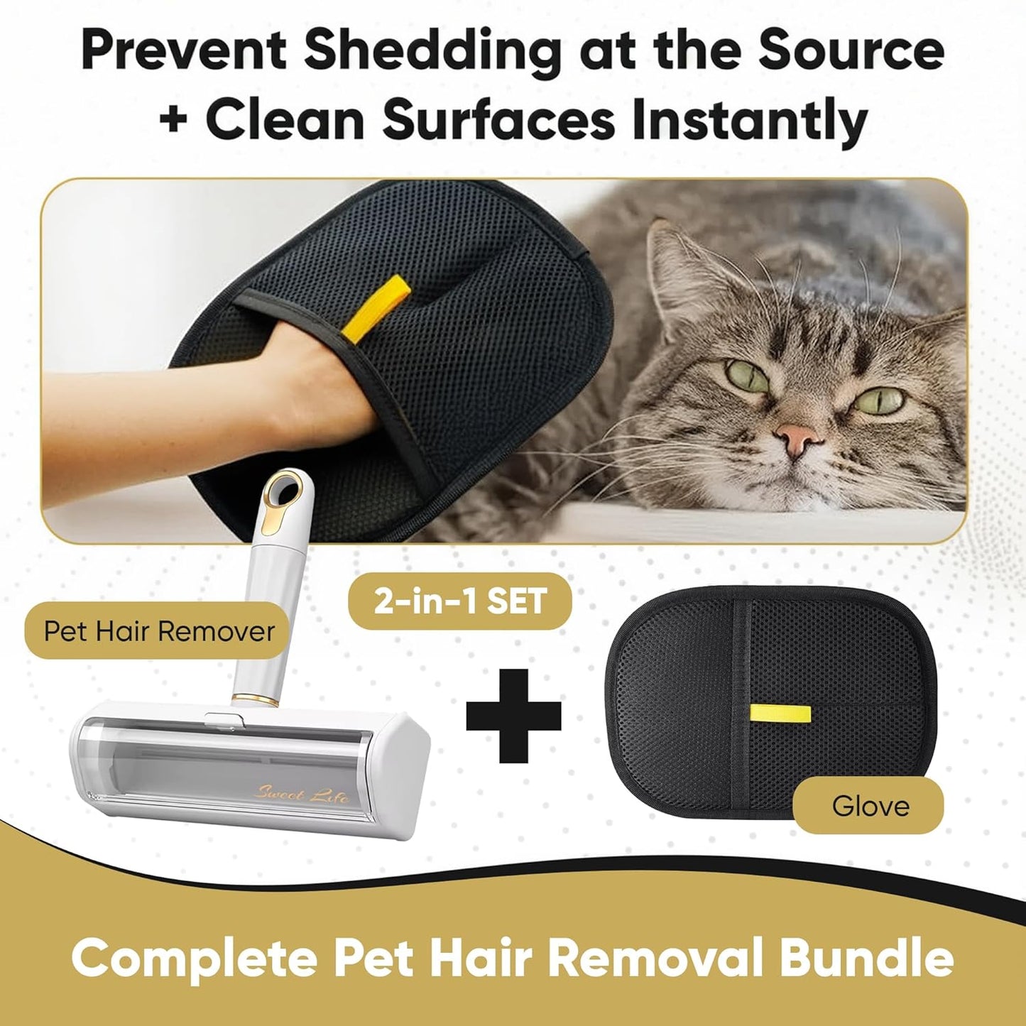 Pet Hair Remover & Reusable Lint Roller – Cat & Dog Hair Remover for Furniture, Couch, Carpet, Bedding, Clothes & Car – Portable Fur Remover Tool + Pet Hair Removal Glove Bundle