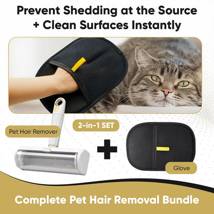Pet Hair Remover & Reusable Lint Roller – Cat & Dog Hair Remover for Furniture, Couch, Carpet, Bedding, Clothes & Car – Portable Fur Remover Tool + Pet Hair Removal Glove Bundle