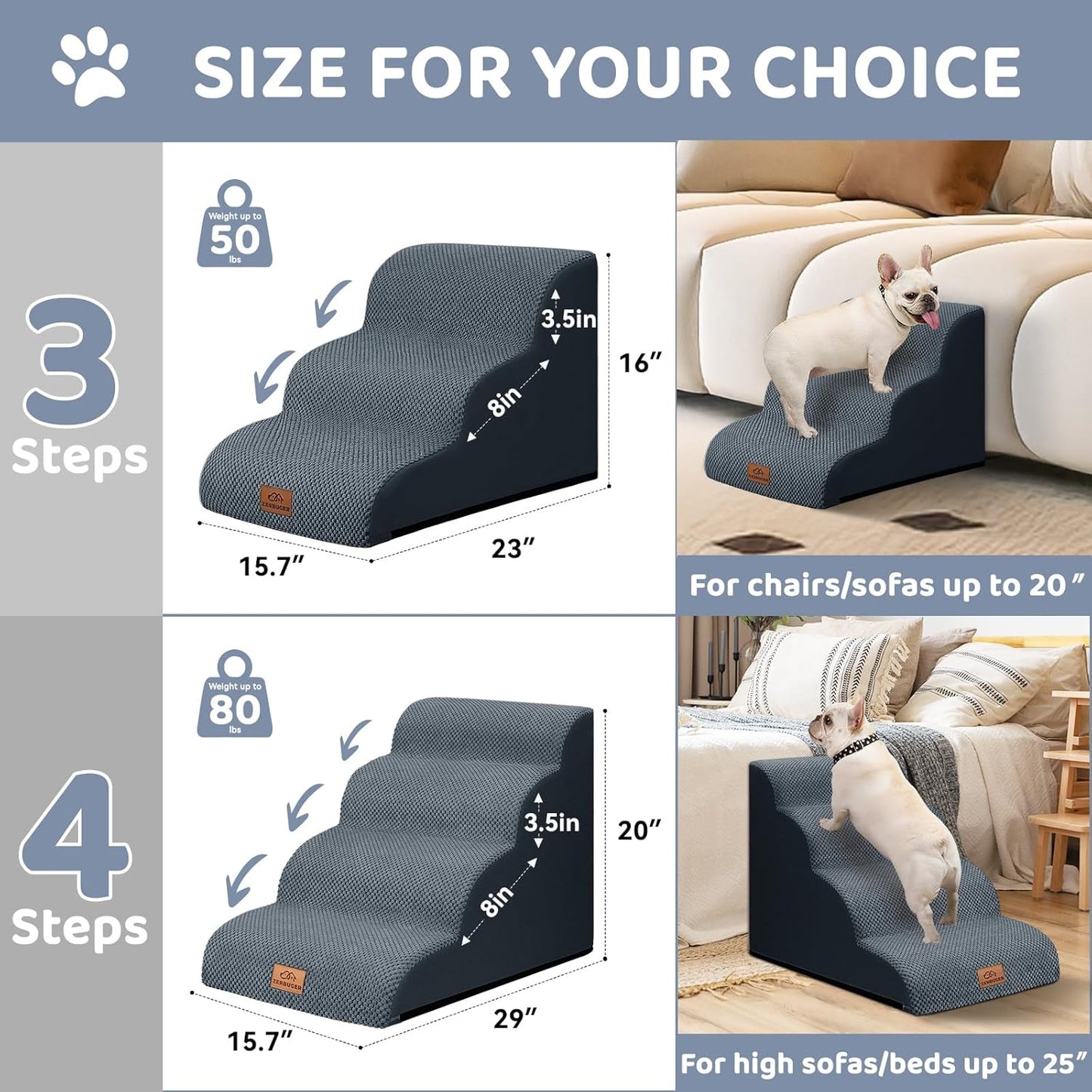 Zerbuger Dog Ramp and Stair for Bed 16" H-20 H,3-Step Cat Stair for Sofa and Chair,4-Step Dog Ramp for High Bed and Window,Durable Nonslip Fabric Cover for Indoor (Coffee-16 H, Pet Friendly, 3)