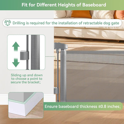 Short Dog Gate, 14" H Retractable Dog Gates, Mesh Retractable Step Over Pet Gates Puppy Gate, Extended up to 55" Wide for Stairs & Doorways Hallways - Drilling Required (Grey)