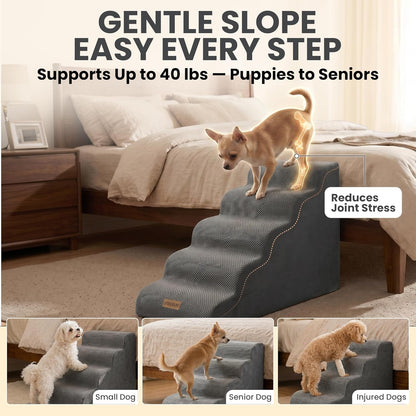 Dog Stairs for High Beds Up to 30", Extra-Tall 5-Step Dog Steps for Bed, 24.5" Tall Foam Pet Stairs for Small & Medium Dogs, Gentle Slope Cat Ramp for Bed with Washable Cover