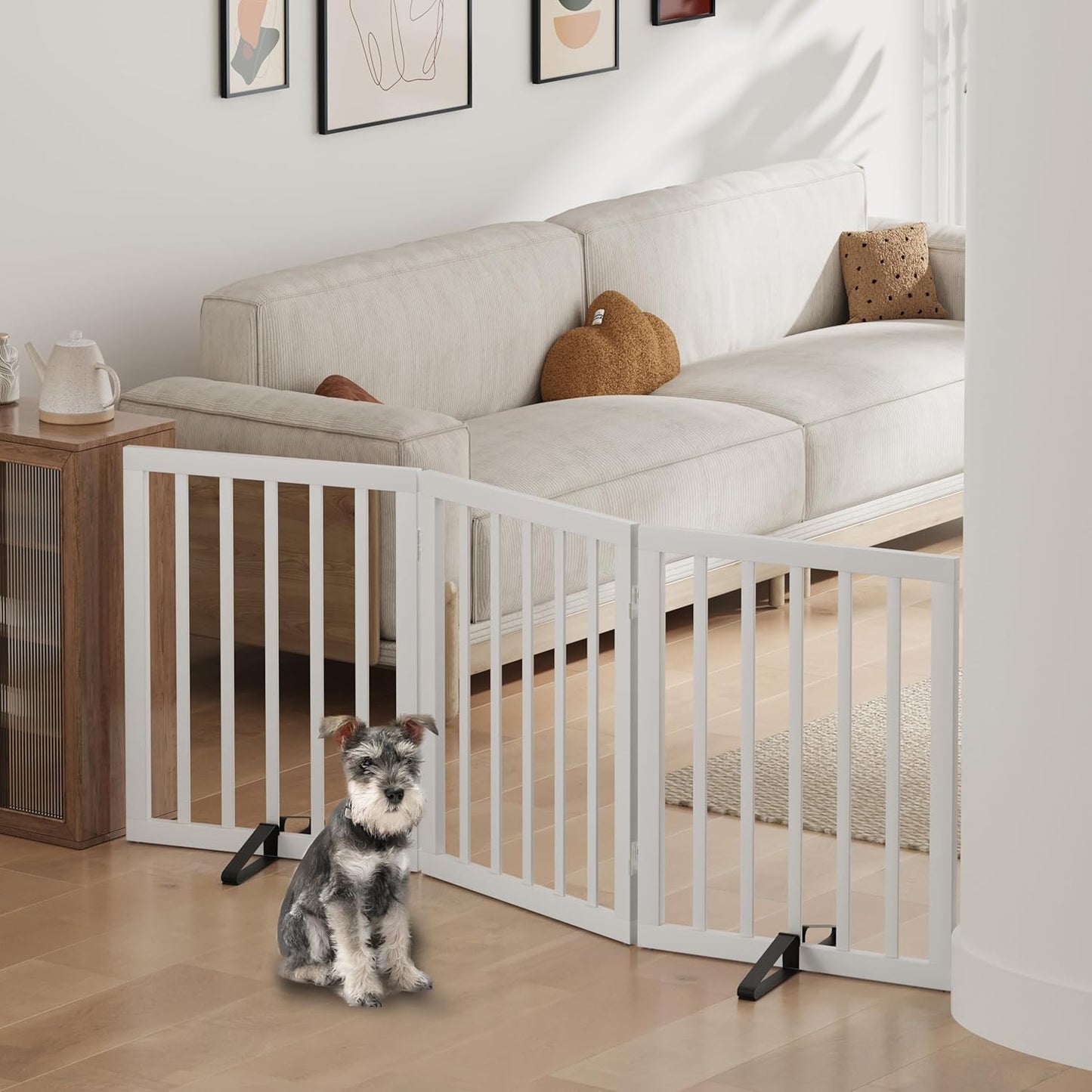 Freestanding Foldable Dog Gate - 4 Panel Room Divider with Metal Support Feet (Black)