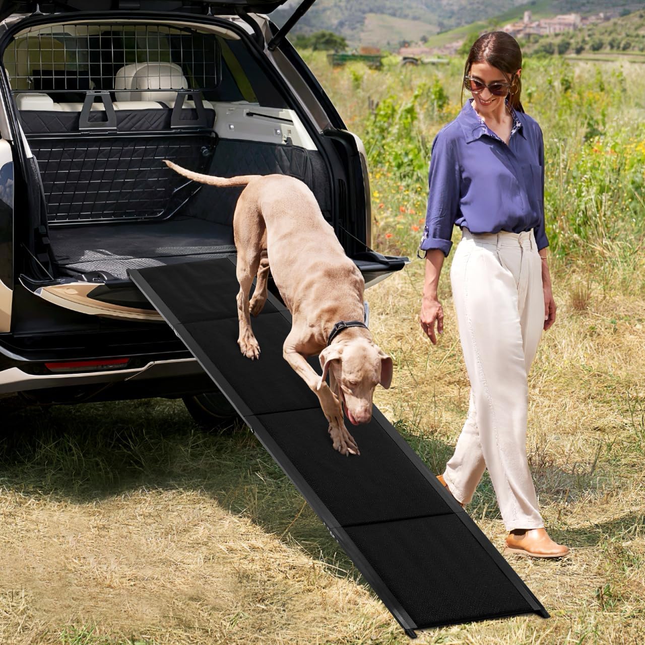 CALLARON 71''x 20'' Dog Ramp for Car, Foliding Dog Ramp with Non-Slip Rug Surface, Extra Wide Long Pet Stairs Supports Up to 300 LBS, Slow Slope Dogs Stairs for SUV, Truck, Large & Senior Pets