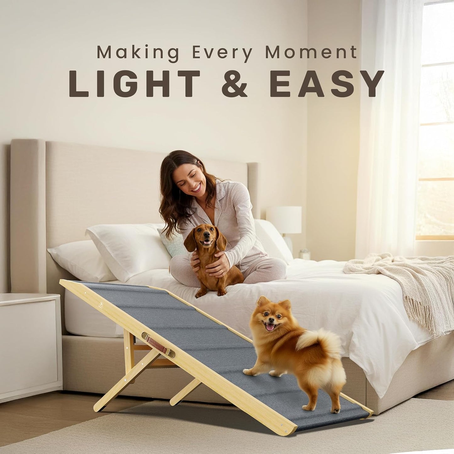 Adjustable Dog Ramp - 50" L x 18.5" W Ramp for Large Dogs to Get on Bed with 6 Incline Levels & Non-Slip Traction Carpet - Also Ideal for Medium & Large Breeds (Natural)