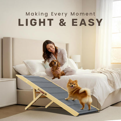 Adjustable Dog Ramp - 50" L x 18.5" W Ramp for Large Dogs to Get on Bed with 6 Incline Levels & Non-Slip Traction Carpet - Also Ideal for Medium & Large Breeds (Natural)