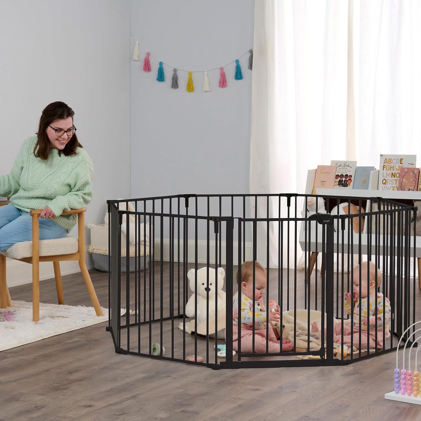 Regalo Safety 28"-76” Super Wide Configurable Baby Gate for Doorways & Open Spaces, 3-Panel Wall Mounted Safety Gate with Door for Babies, Toddlers & Pets, Includes Wall Mount Hardware