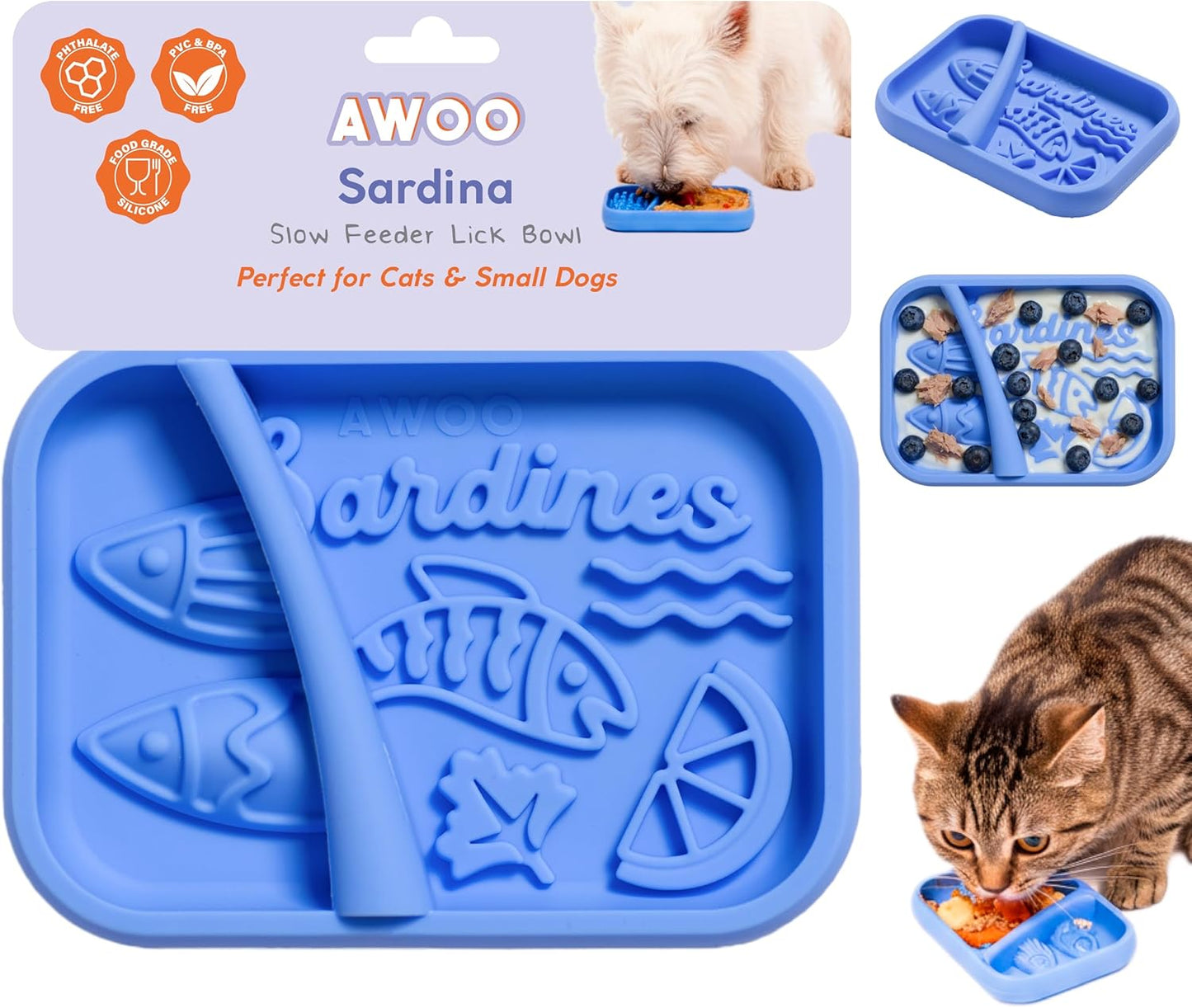 Awoo Lick Dish - Silicone Lick Mat + Slow Feeder for Cats & Small Dogs - Non-Slip Design with Suction Cups - Dishwasher Safe, Extends Mealtime, Reduces Anxiety (Periwinkle)