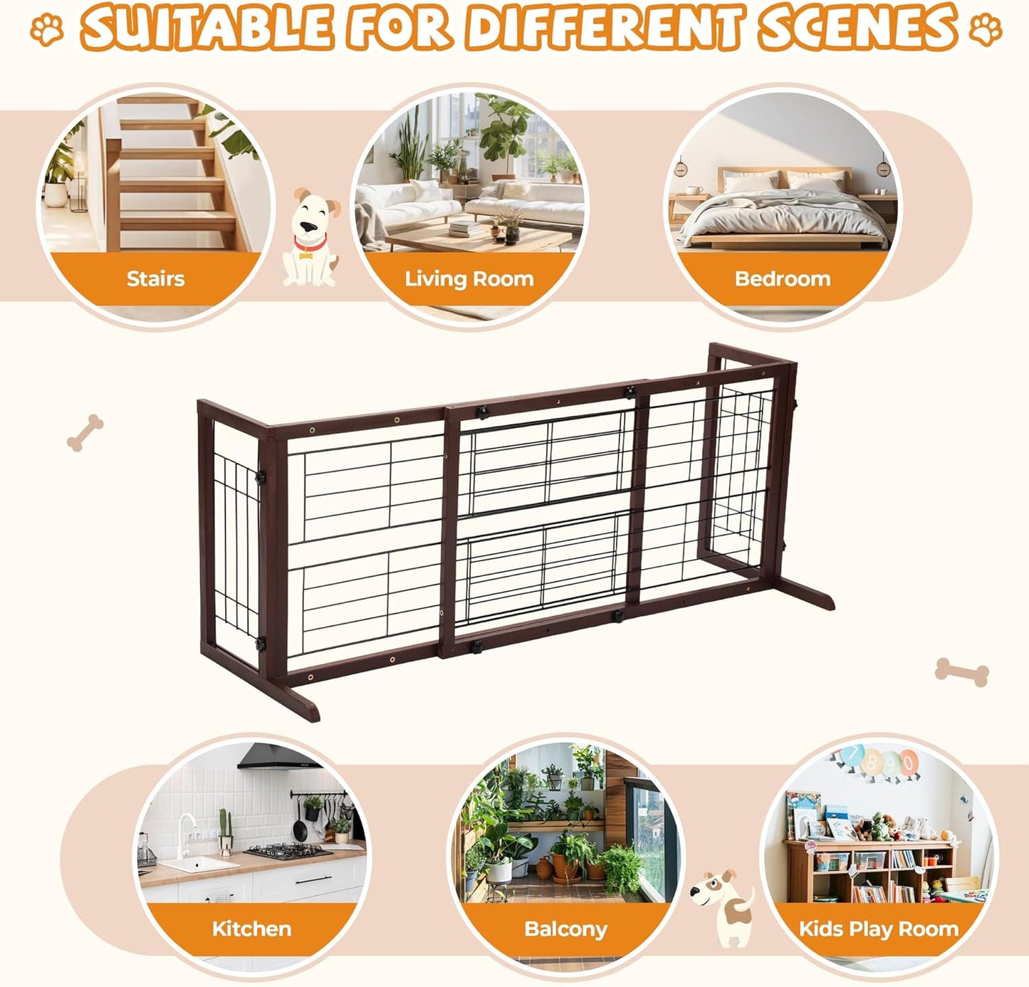 COZIWOW 38-67" Dog Gate Indoor, Free Standing Pet Gate for Doorways Extra Wide, Wooden Fence Puppy Safety Gates for The House, Stairs, Hallway, No Drilling Required,Brown